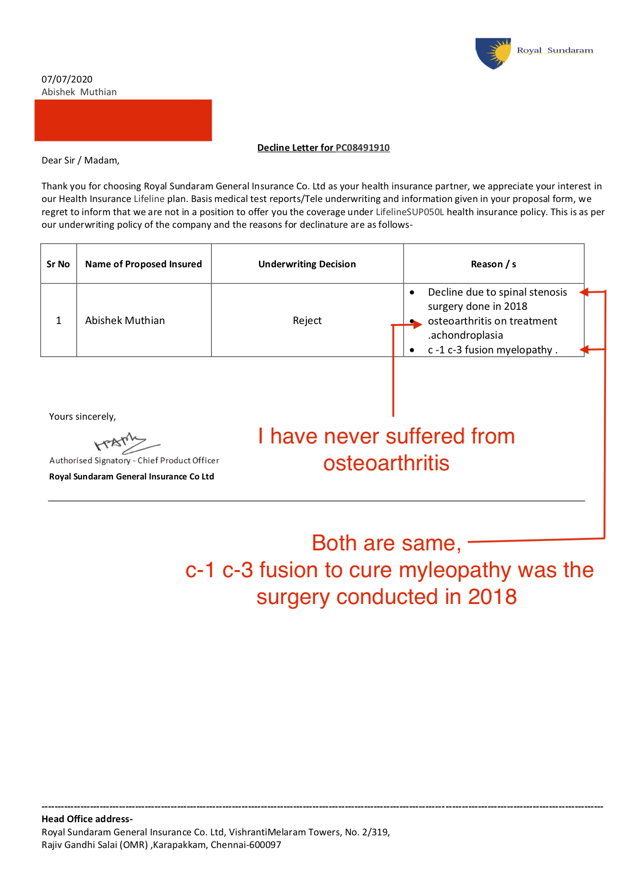 Royal Sundaram insurance decline letter for preexisting disease -1